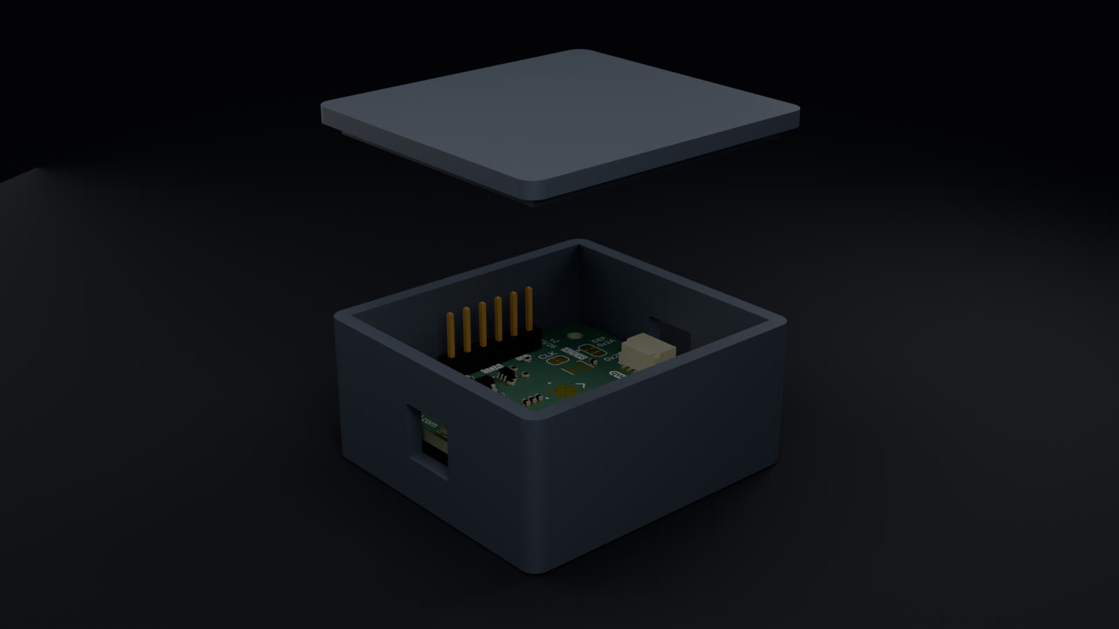 Raytraced render of the generated enclosure with the FDC2214 board seated inside, lid exploded above