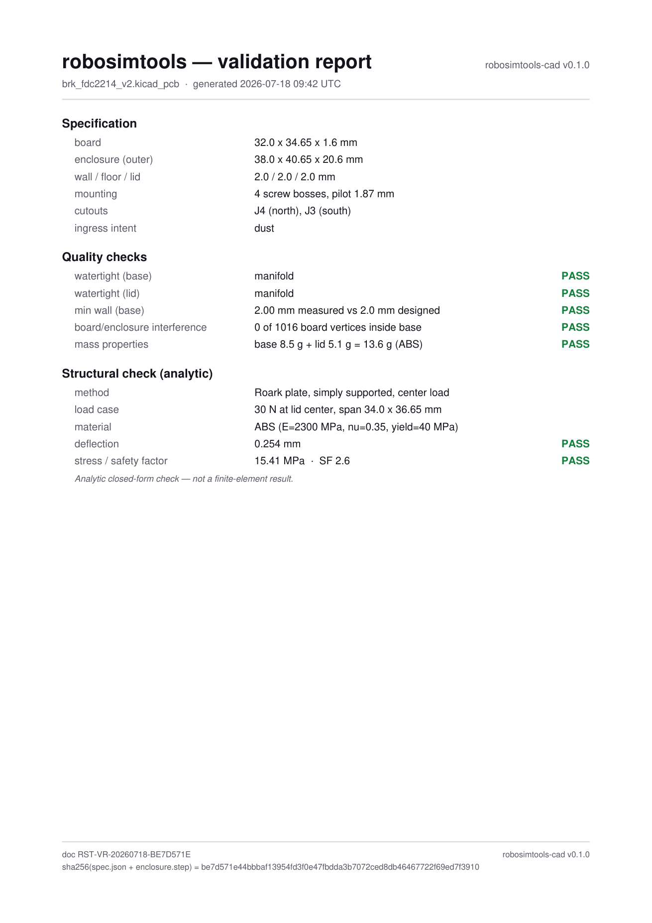 Page one of the generated validation report: spec summary, QC table, document ID and hashes